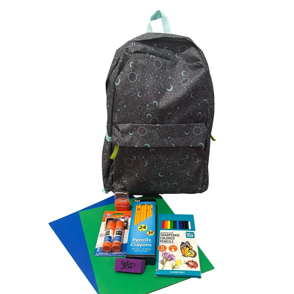 Celestial Space Backpack School Supply Bundle Elmer's Jot Pen+Gear Gray Blue